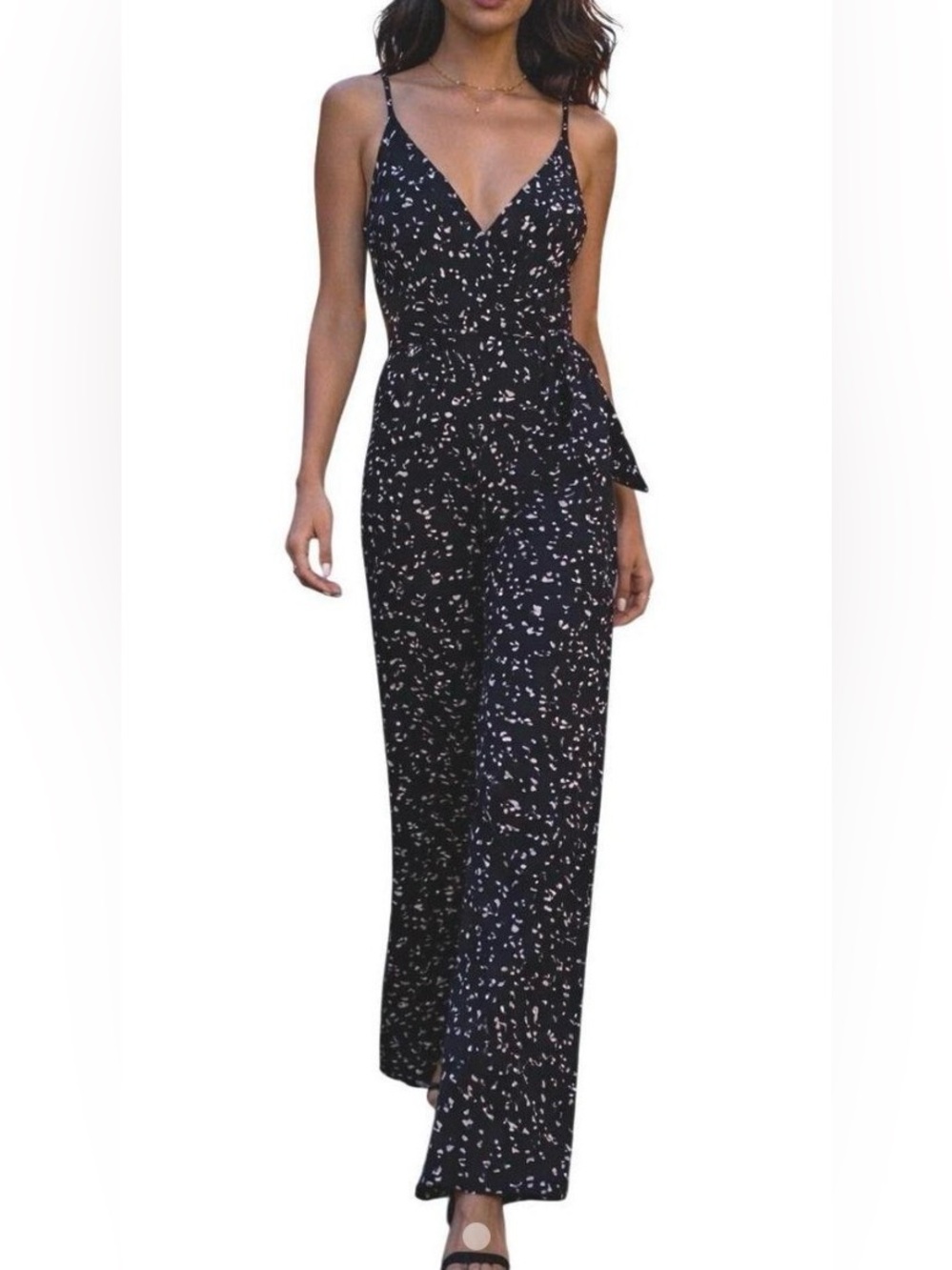 Women’s Black Printed Wide-Leg Jumpsuit with Tie Waist - Picture 7 of 7